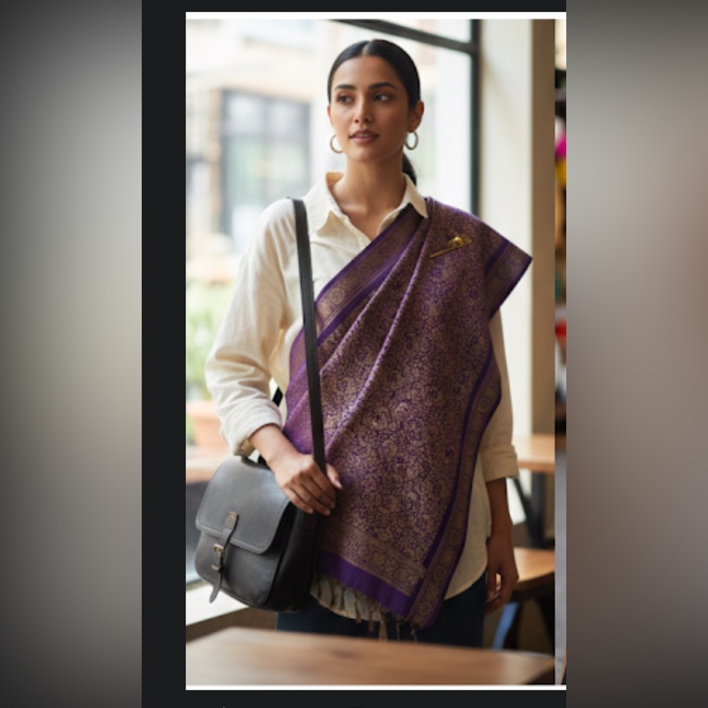Handmade Banarasi Silk Shawl Purple and Gold